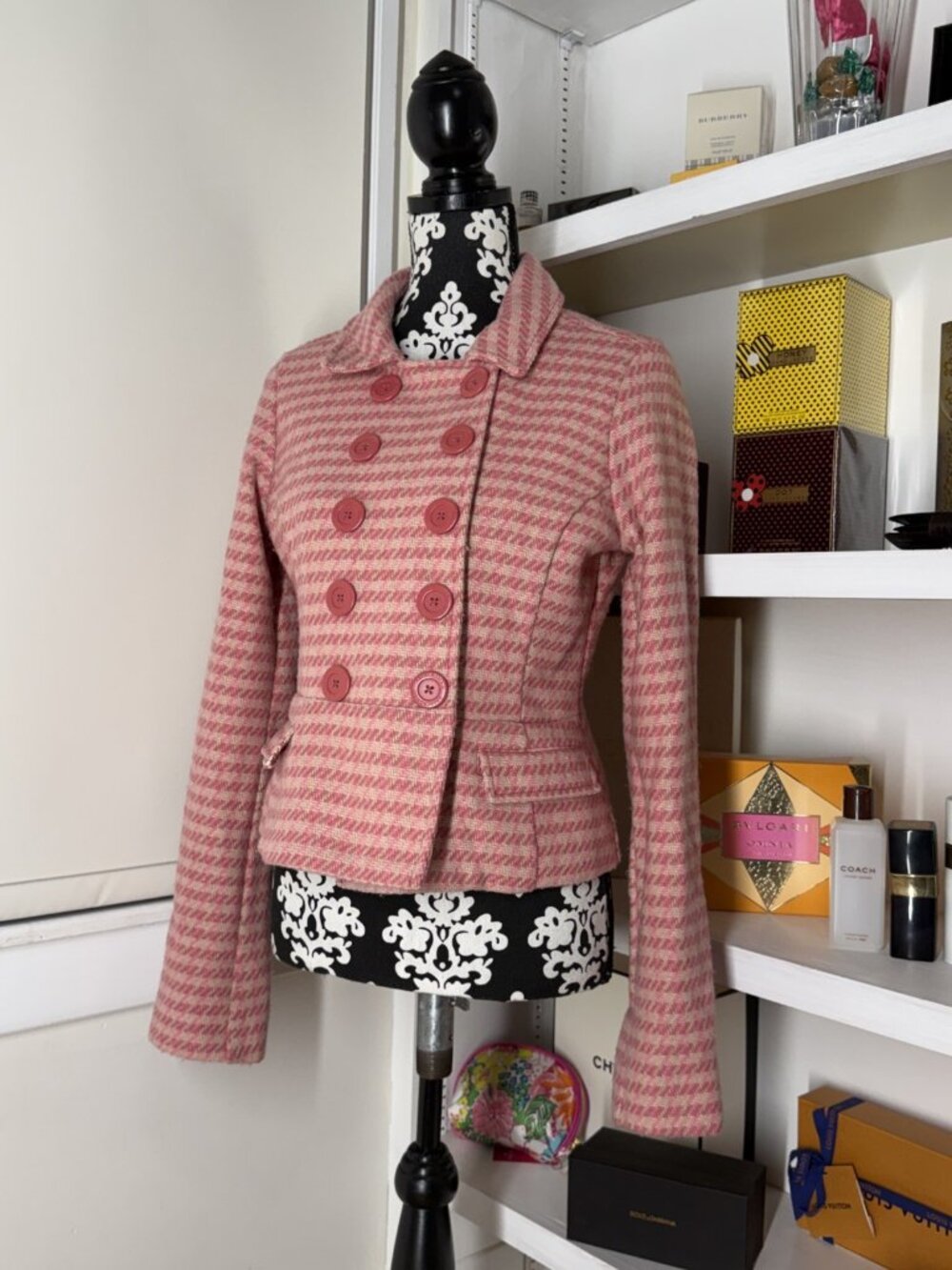 Abercrombie and fitch wool houndstooth jacket pink Large lined 36 bust